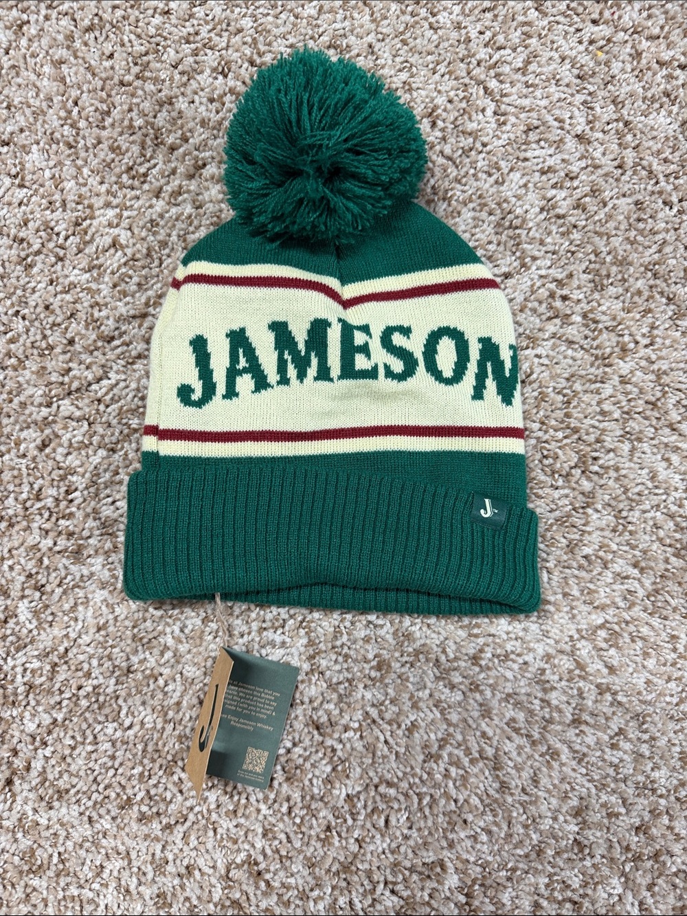 Jameson Green Pom Pom Knit Beanie with Cream Stripe Accent